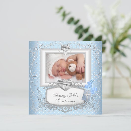 男の赤ちゃんガールブルー《キリスト教》洗礼式や命名式バプティスクロスカホワイト 招待状 (スタンド正面)