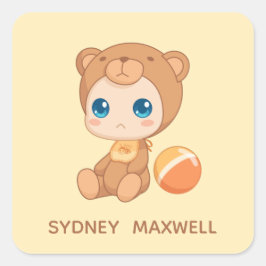 男の赤ちゃんガールベアージャンプスーツ名前をカスタムするイエロー スクエアシール