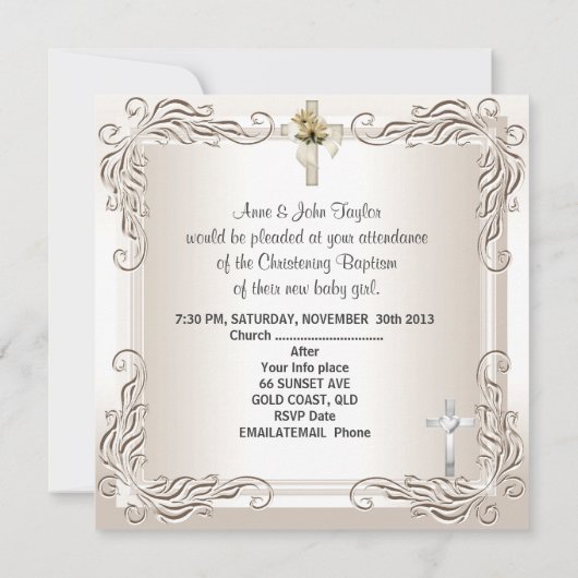 男の赤ちゃんガールベージュクリーム《キリスト教》洗礼式や命名式バプテスマ 招待状 (裏面)