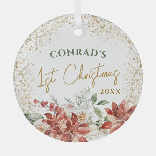 男の赤ちゃんガールマイルストーンファーストクリスマスツリー ガラスオーナメント (正面)