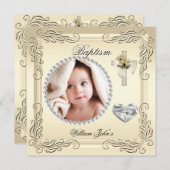 男の赤ちゃんガール金ゴールドクリーム《キリスト教》洗礼式や命名式バプティスクロス 招待状 (正面/裏面)