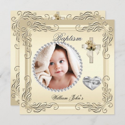 男の赤ちゃんガール金ゴールドクリーム《キリスト教》洗礼式や命名式バプティスクロス 招待状 (正面/裏面)