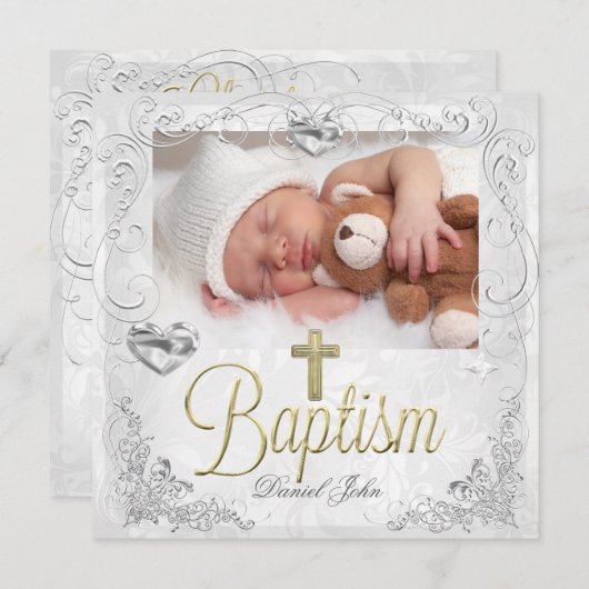 男の赤ちゃんガール金ゴールド《キリスト教》洗礼式や命名式バプティスクロス3 案内状 (正面/裏面)