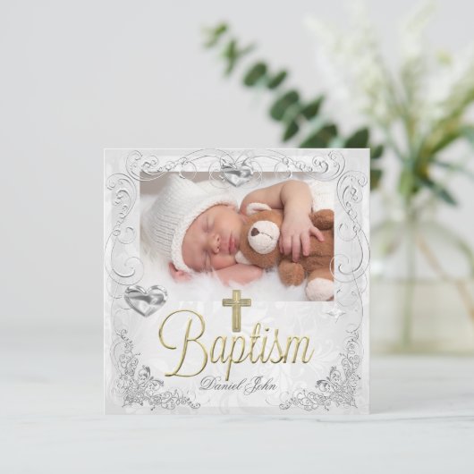 男の赤ちゃんガール金ゴールド《キリスト教》洗礼式や命名式バプティスクロス3 案内状 (スタンド正面)