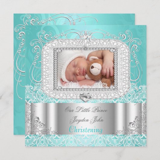 男の赤ちゃんガール《キリスト教》洗礼式や命名式バプテスマティール（緑がかった色） 案内状 (正面/裏面)