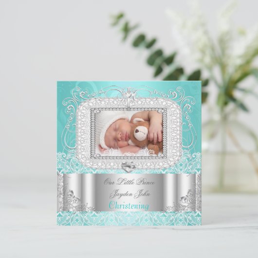 男の赤ちゃんガール《キリスト教》洗礼式や命名式バプテスマティール（緑がかった色） 案内状 (スタンド正面)