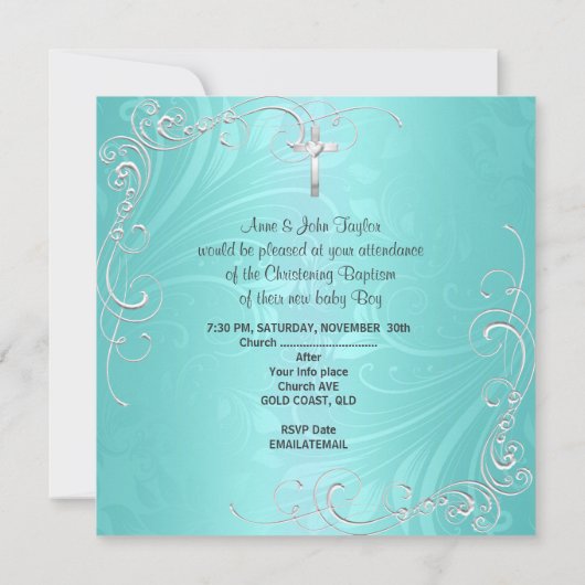 男の赤ちゃんガール《キリスト教》洗礼式や命名式バプテスマティール（緑がかった色） 案内状 (裏面)