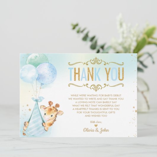 男の赤ちゃんキリン風船赤ちゃんシャワー散水 サンキューカード (スタンド正面)