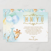 男の赤ちゃんキリン風船赤ちゃんシャワー散水 サンキューカード (正面/裏面)