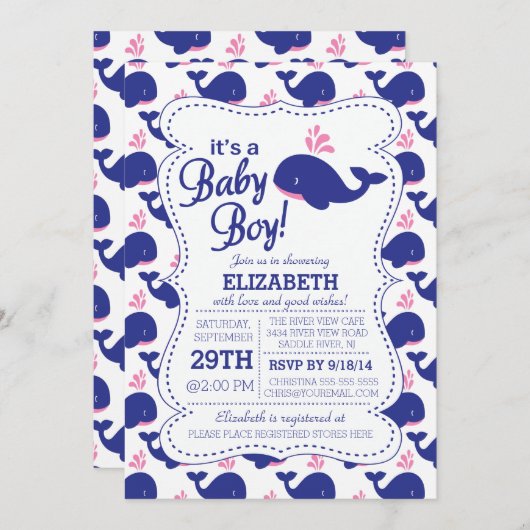 男の赤ちゃんクジラ航海ののシャワー 招待状 (正面/裏面)