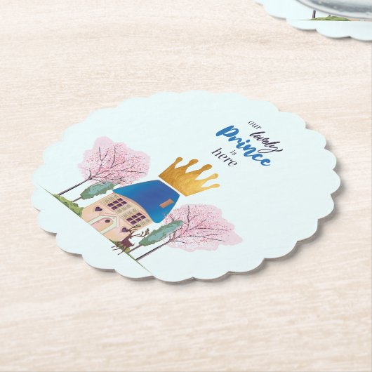 男の赤ちゃんクラウン付きブルー金ゴールドフェアリープリンス城 ペーパーコースター (アングル)