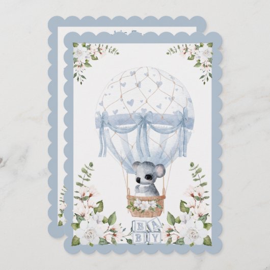 男の赤ちゃんコアラ熱気球ウォーターカラーシャワー 招待状 (正面/裏面)