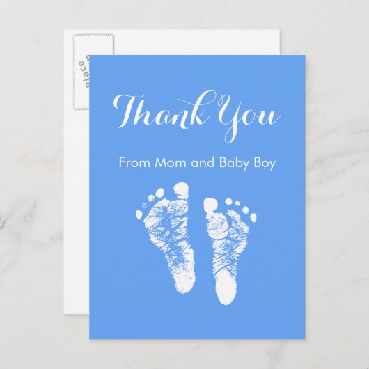 男の赤ちゃんサンキューキュートブルー生まれたばかりの足跡 案内ポストカード (正面/裏面)