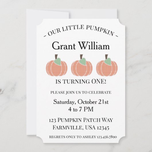 男の赤ちゃんザリトルカボプキンファースト誕生日 招待状 (正面)