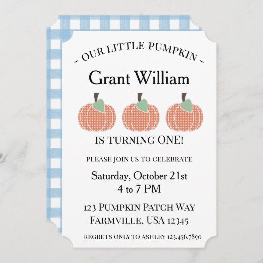 男の赤ちゃんザリトルカボプキンファースト誕生日 招待状 (正面/裏面)