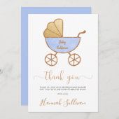 男の赤ちゃんシャワミニマルーレトロキャリッジブルー金ゴールド サンキューカード (正面/裏面)