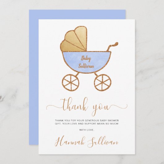 男の赤ちゃんシャワミニマルーレトロキャリッジブルー金ゴールド サンキューカード (正面/裏面)