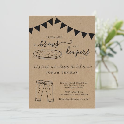 男の赤ちゃんシャワーにピザとブリュウとオムツ 招待状 (スタンド正面)