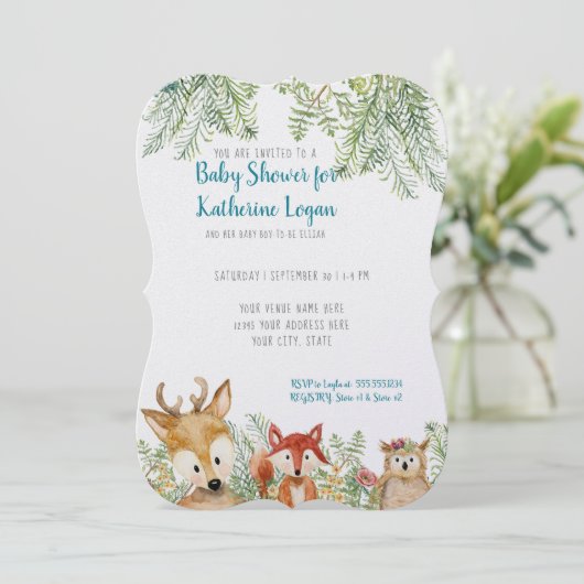 男の赤ちゃんシャワーウッドランドアニマルズディアフクロウキツネ 招待状 (スタンド正面)