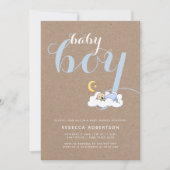 男の赤ちゃんシャワークラフト紙タイポグラフィブルー 招待状 (正面)