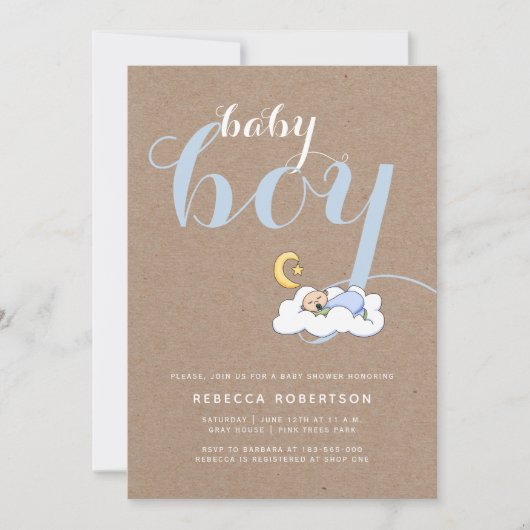 男の赤ちゃんシャワークラフト紙タイポグラフィブルー 招待状 (正面)