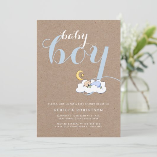 男の赤ちゃんシャワークラフト紙タイポグラフィブルー 招待状 (スタンド正面)