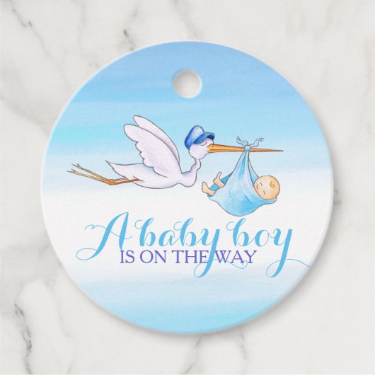 男の赤ちゃんシャワーストークブルー感謝していウォーターカラー フェイバータグ (正面)