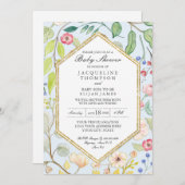 男の赤ちゃんシャワーダスティブルー水彩バラフローラ 招待状 (正面/裏面)