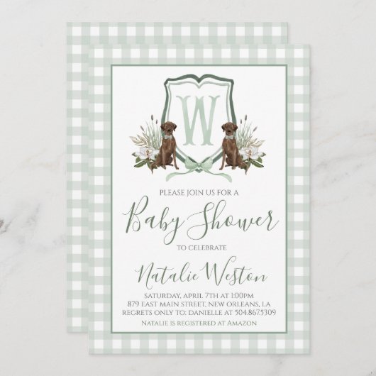 男の赤ちゃんシャワードグ名門私立校風のサザングリーンギンガム 招待状 (正面/裏面)