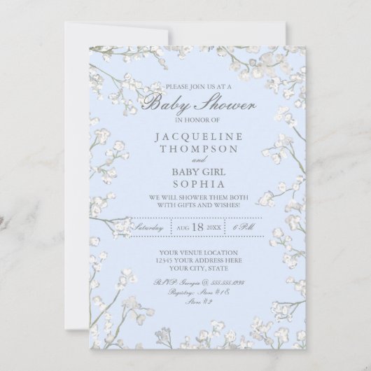 男の赤ちゃんシャワーバビーズブレスブルーフローラリース 招待状 (正面)