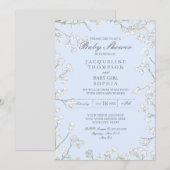 男の赤ちゃんシャワーバビーズブレスブルーフローラリース 招待状 (正面/裏面)