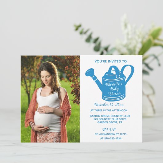 男の赤ちゃんシャワーフォト散水缶 招待状 (スタンド正面)