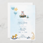 男の赤ちゃんシャワーブルーとテディベア 招待状 (正面/裏面)