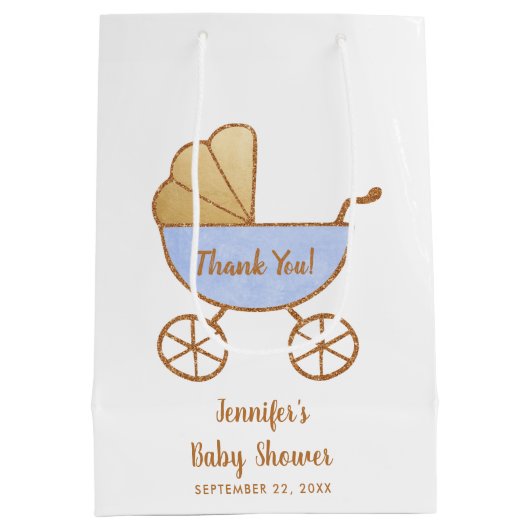 男の赤ちゃんシャワーブルーレトロキャリッジ ミディアムペーパーバッグ (裏面)