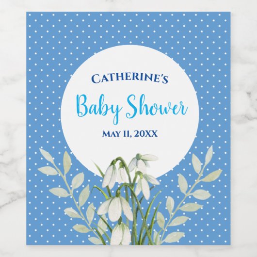 男の赤ちゃんシャワーホワイトスノードロップブルー水玉模様 ワインラベル (シングルラベル)