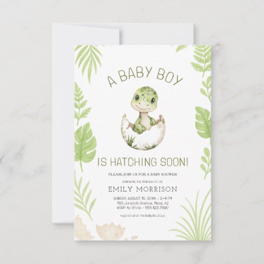 男の赤ちゃんシャワー可愛い恐竜の孵化 招待状 (正面)
