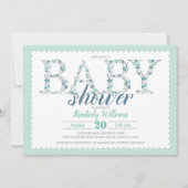 男の赤ちゃんシャワー招待フローラミントグリーンネービー 招待状 (正面)