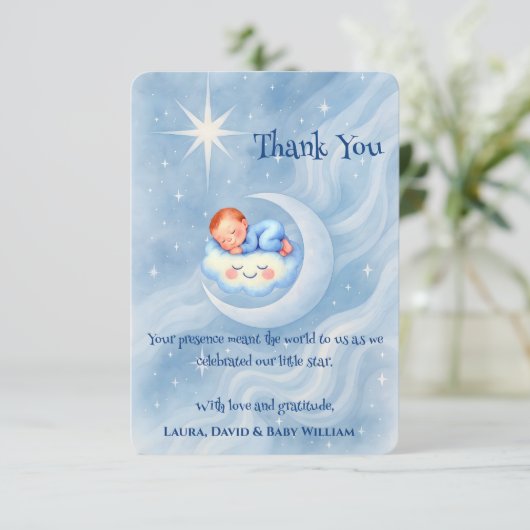 男の赤ちゃんシャワー招待状ムーンライトスターウォーターカラー サンキューカード (スタンド正面)