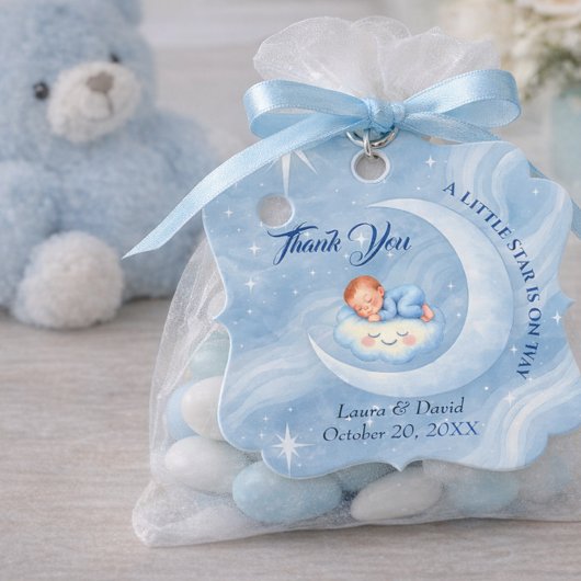 男の赤ちゃんシャワー招待状ムーンライトスターウォーターカラー フェイバータグ