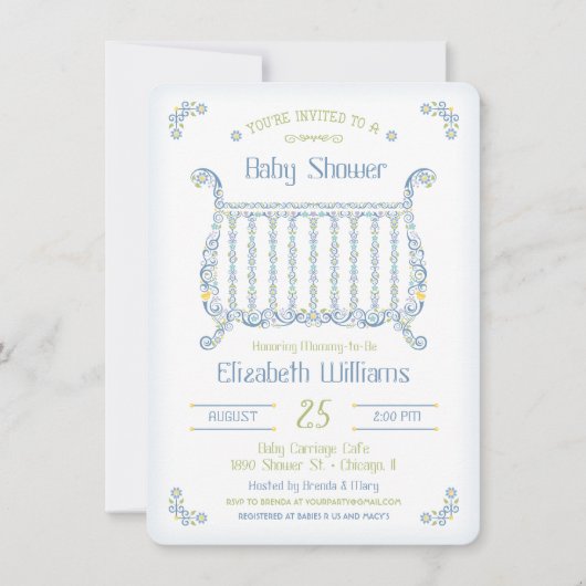 男の赤ちゃんシャワー招待状レースのよう – クリブ – 青 招待状 (正面)