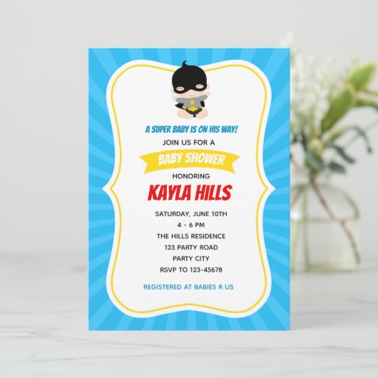 男の赤ちゃんシャワー招待状（スーパーヒーロー）青 招待状 (スタンド正面)
