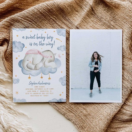 男の赤ちゃんシャワー招待状 – 眠っている象 招待状