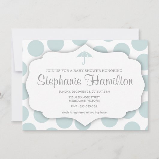 男の赤ちゃんシャワー水玉模様傘の枠青 招待状 (正面)