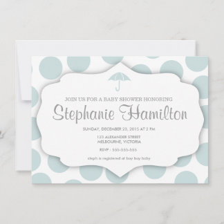 男の赤ちゃんシャワー水玉模様傘の枠青 招待状