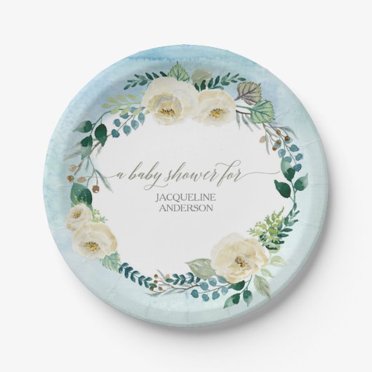 男の赤ちゃんシャワー素朴リースブルーwアイボリーバラ ペーパープレート (正面)