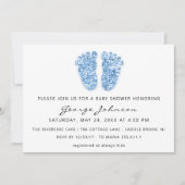 男の赤ちゃんシャワー足グリッターブルーホワイトルクス 招待状 (正面)