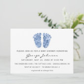 男の赤ちゃんシャワー足グリッターブルーホワイト 招待状 (スタンド正面)