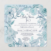 男の赤ちゃんシャワー青水彩フローラ葉 招待状 (正面/裏面)