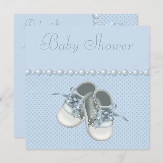 男の赤ちゃんシャワー靴、服、真珠、ハート 招待状 (正面/裏面)