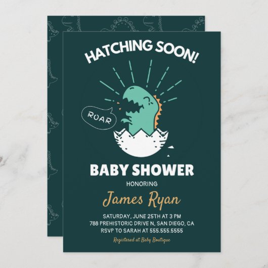 男の赤ちゃんシャワー：恐竜の孵化をすぐに招待状 招待状 (正面/裏面)